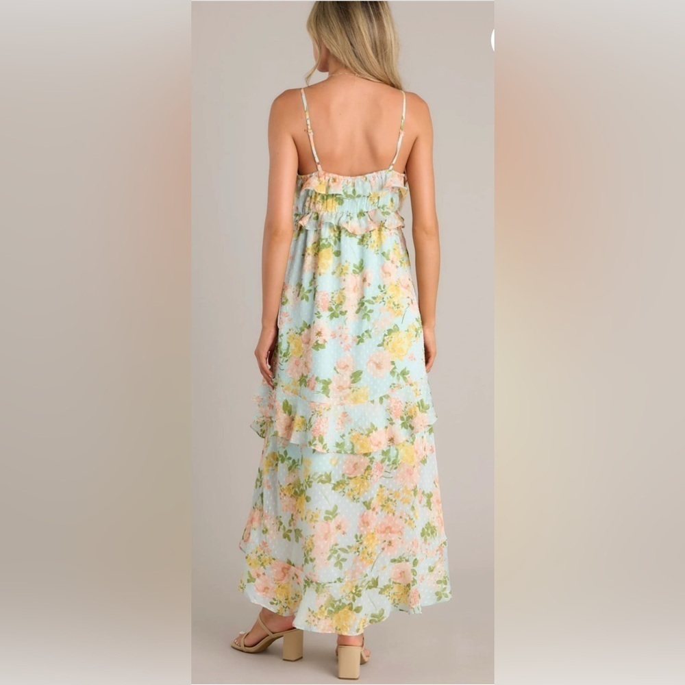 By The River Blossom In Time Blue Multi Floral Ruffle Tiered Midi Dress Size L - Picture 2 of 14